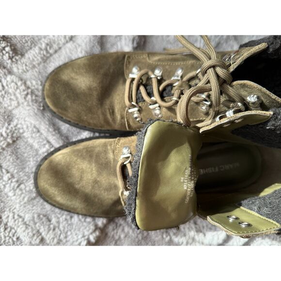 Marc Fisher Leather Army Green/Faux Fur/Suede Lace Up Boot sz 8 Women's - Picture 2 of 8